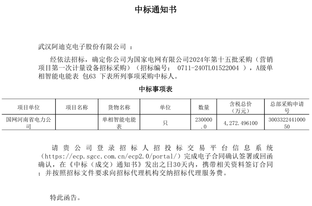 祝賀公司在國(guó)家電網(wǎng)2024年第十五批計(jì)量設(shè)備招標(biāo)項(xiàng)目中中標(biāo)